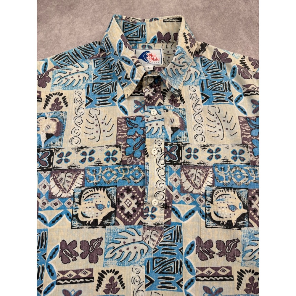 Nui Nalu Mens Blue Tribal Fish Block Print Hawaiian Popover Shirt Large Hawaii - Picture 6 of 10